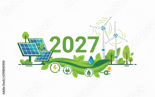 Green sustainable energy concept for the year 2027 featuring solar panels wind turbines and eco icons for environmental conservation and clean power