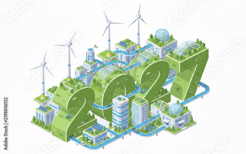 Isometric Eco-Friendly Urban Development Concept Representing Sustainable City Infrastructure Planning for the Year 2027