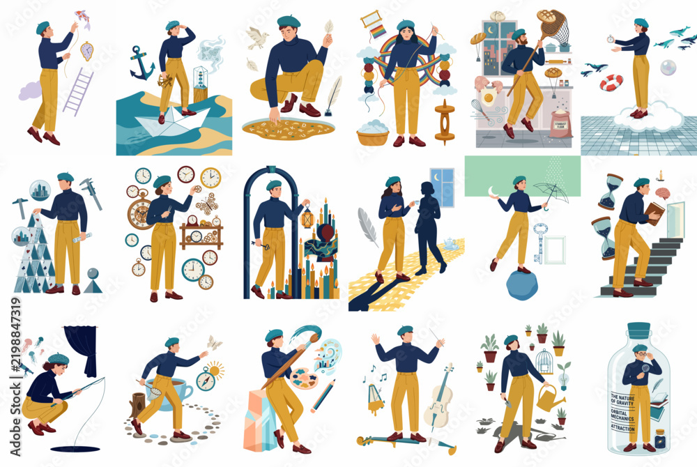 Fototapeta premium Collection of eighteen conceptual vector illustrations depicting a person navigating life, work, personal growth, and mental health challenges in a stylized artistic manner.