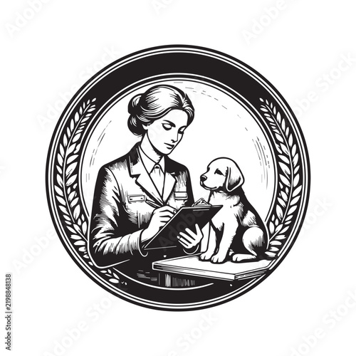 A professional veterinarian examining a puppy in a circular emblem style illustration.