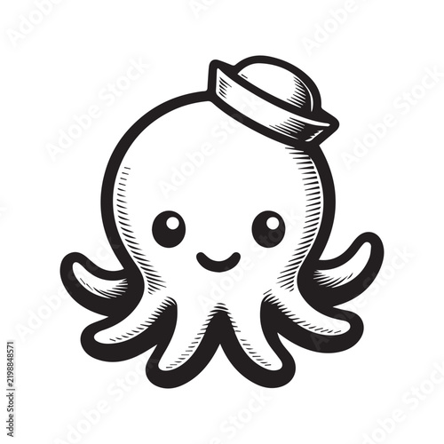 Cute cartoon octopus wearing a sailor hat black and white vector illustration.