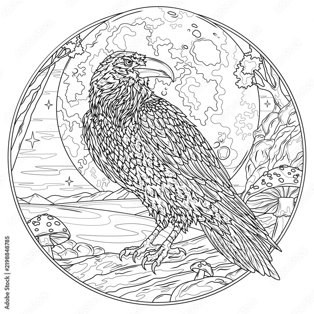 Obraz premium A raven in the forest and the full moon in round frame.Coloring book antistress for children and adults. 