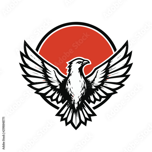 Stylized eagle emblem with spread wings in front of a red circle.