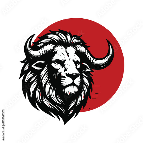 Stylized illustration of a hybrid lion and buffalo head on a red circular background.
