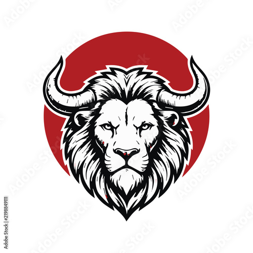 Stylized illustration of a lion head with bull horns on a red circular background.