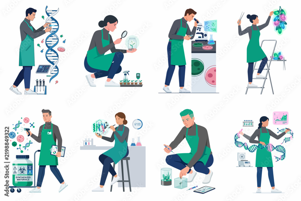 Fototapeta premium Diverse scientists and biotechnologists working in laboratory settings, conducting genetic research, plant study, and microbiology experiments using advanced equipment and technology.