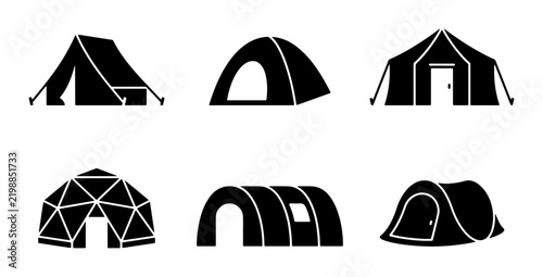 Minimalist camping tent icon set, black silhouettes, outdoor shelter vectors
