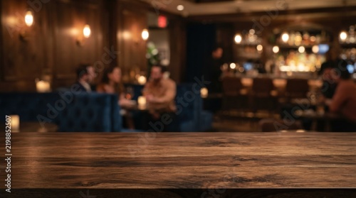Warm-toned bar lounge with wooden countertop and soft lighting perfect for restaurant branding, web design, or marketing backdrops showcasing cozy ambiance.