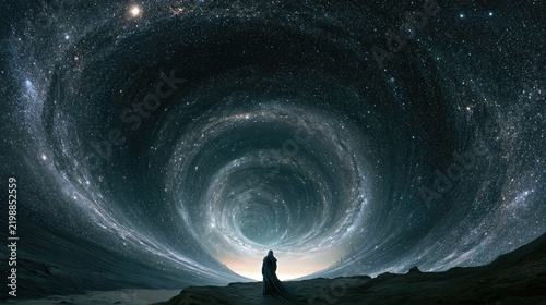 Growth and Curiosity as Hooded Figure Gazes at Cosmic Vortex