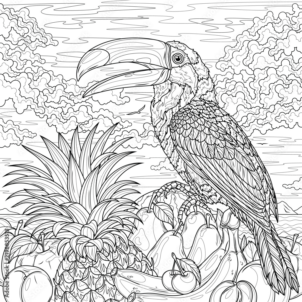 Obraz premium Toucan and fruits.Coloring book antistress for children and adults.