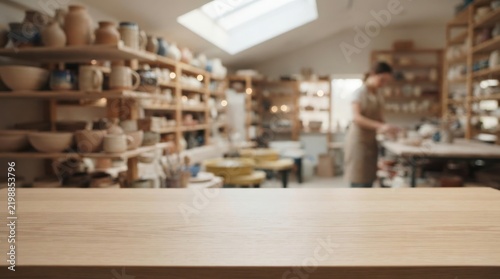 Professional pottery studio with shelves of ceramic pieces, natural lighting, and artisan working on projects ideal for creative marketing, web design, or lifestyle content.