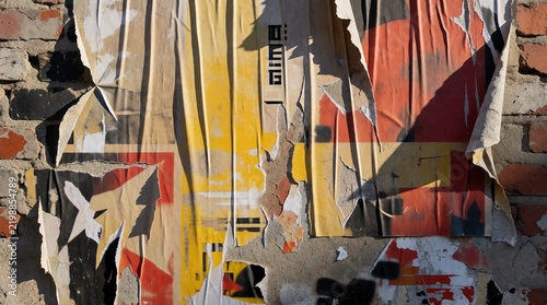 Torn paper posters layered on a weathered brick wall with vibrant yellow and red textures