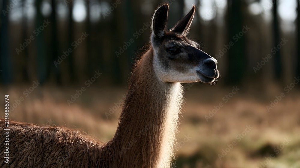 Fototapeta premium A close up of a llama standing in a sunlit field with trees in the background showing detailed fur and alert posture