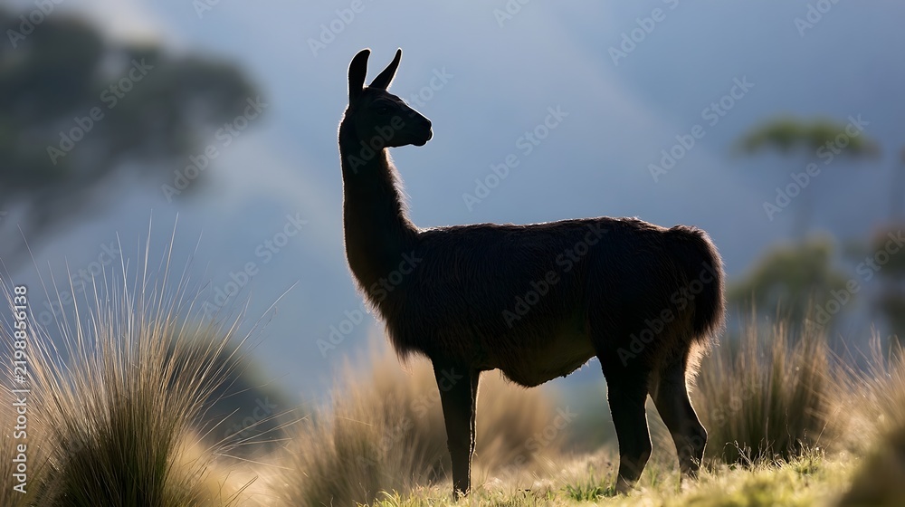 Fototapeta premium A dark furred llama stands tall in a sunlit grassy field with blurred mountainous background