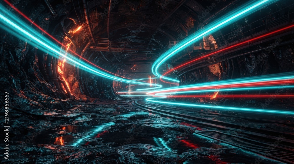 Obraz premium Stunning 3D cyberpunk tunnel with vibrant light trails perfect for futuristic web design, gaming banners, tech marketing backdrops, and immersive digital art projects.