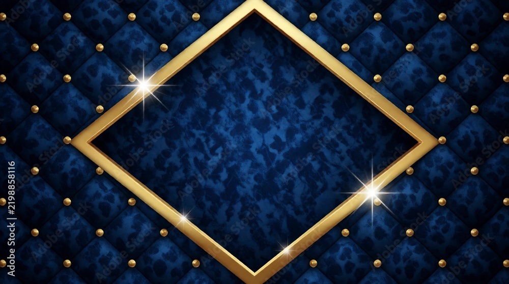 Fototapeta premium Dark blue velvet tufted upholstery background with a central diamond shaped gold frame