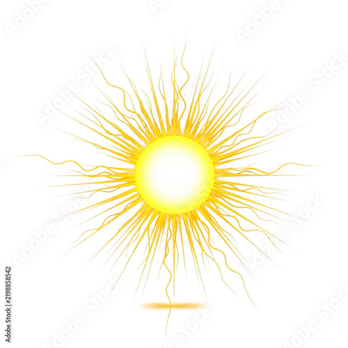 bright yellow sun with solar flares and light rays radiating outwards on transparent background with subtle shadow, representing energy and power.