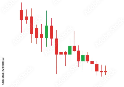 Downward trending stock market candlestick chart, showing financial losses and market decline, red and green candles indicate price fluctuations, used for financial analysis and investment education.