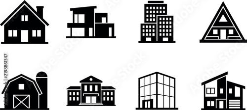 Collection of black silhouette building icons representing various architectural styles and home types
