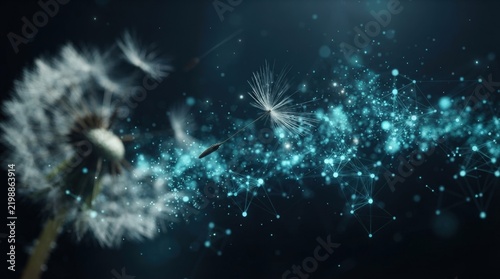 Stunning 3D dandelion seeds floating in a mesmerizing cosmic glow backdrop with sparkling particles perfect for digital art, website design, marketing banners, and futuristic backgrounds.