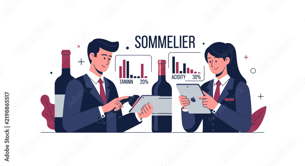 Obraz premium Professional Sommeliers Analyzing Wine Data on Digital Tablets Illustration