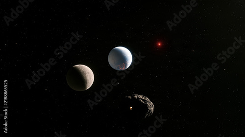 Wide deep space scene with planets and stars
