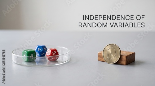 Educational demonstration of random variable independence using dice and coin on clear surface