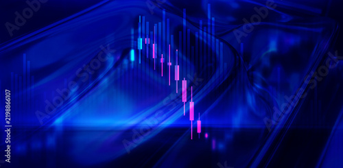 Financial stock market chart with glowing blue candlestick patterns over metallic liquid background representing modern trading and global economy