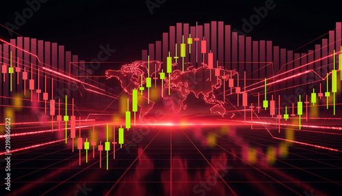 Global financial stock market trading chart with red and green candlesticks and world map background representing worldwide economy and commerce
