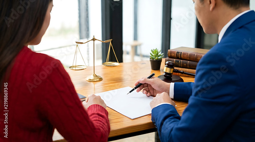Lawyer in a suit consulting with a client over legal documents in an office