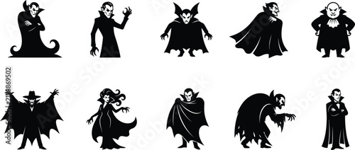 black and white illustrations of vampires in various poses and outfits