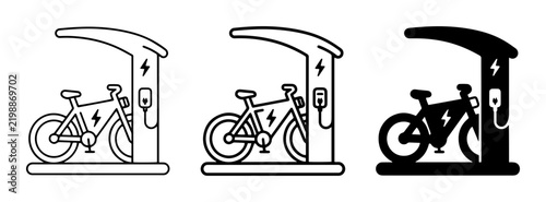 3 electric bicycle charging station silhouette icons, modern transport, clean energy