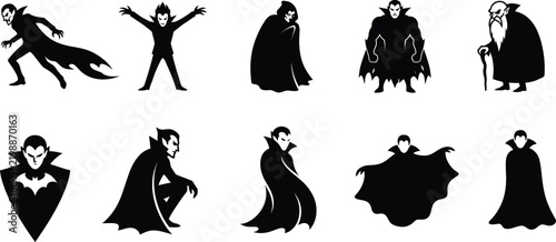 Black silhouettes of vampires in various poses on white background