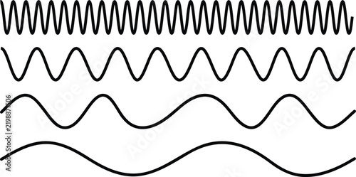Set of black wave line icons with different frequency and amplitude on transparent background.