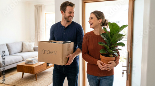 Couple Moving Into New Home Carrying Boxes and Plant