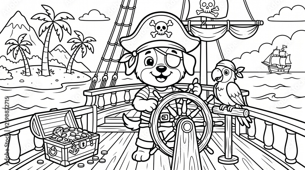 Fototapeta premium Kawaii dog pirate captain on wooden ship deck coloring page for kids with treasure and parrot