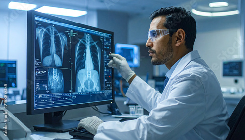 Radiologist Examining X-ray: A dedicated radiologist, wearing protective gloves and a lab coat, meticulously examines a chest X-ray on a high-resolution monitor in a modern medical facility.