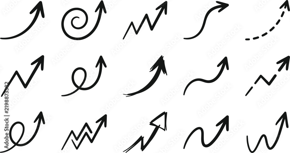 Fototapeta premium Black hand drawn arrow icons set for business growth charts and progress visualization.
