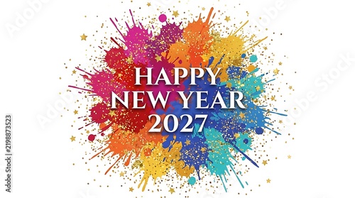 Vibrant colorful watercolor splash design featuring happy new year 2027 text perfect for festive greetings and new year celebrations
