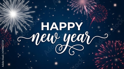 Festive happy new year calligraphy with vibrant fireworks and sparkling lights on a dark blue background