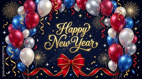 Festive new year celebration with colorful balloons ribbon and golden confetti on a dark background