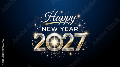 Festive happy new year 2027 celebration with sparkling silver and blue script and numeral design