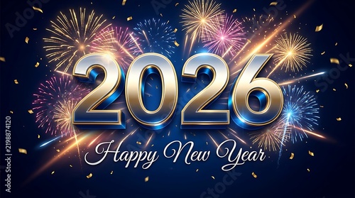 Festive new year 2026 celebration with vibrant fireworks and sparkling gold lettering on a dark background