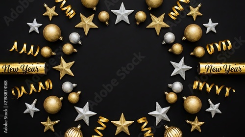Festive arrangement of golden and silver stars and spheres on a dark background for holiday celebrations
