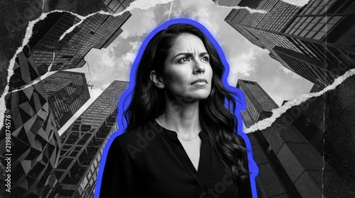 Striking high contrast portrait of a professional woman with intense expression against a dramatic urban backdrop ideal for marketing banners, web design, or corporate presentations.