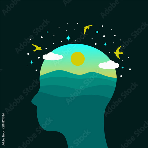 Mental Health Head Silhouette with Layered Mountain Landscape and Swallows