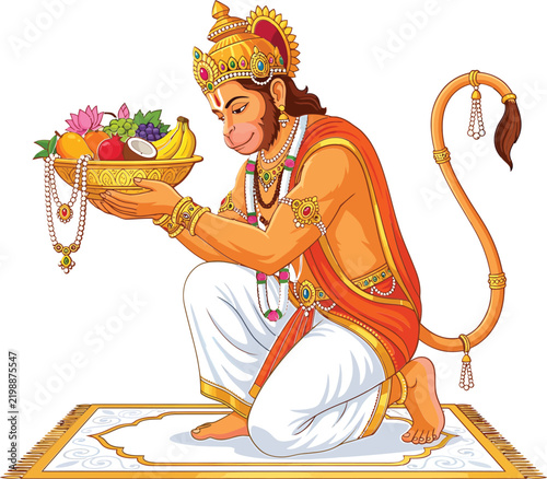 Hindu deity lord hanuman kneeling and offering a golden bowl filled with fresh fruits and flowers