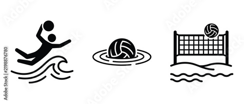 beach volleyball icons showing player diving for ball water volleyball net and ball graphics isolated