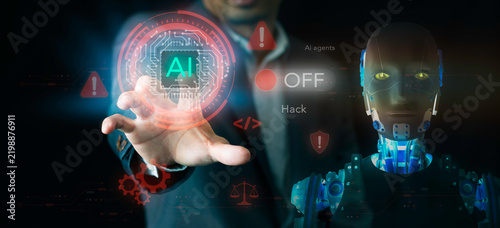 Businessman pressing AI agents off button concept. Hack prevention, artificial intelligence governance, security shield, ethics scale, emergency kill switch, alert, and robot.