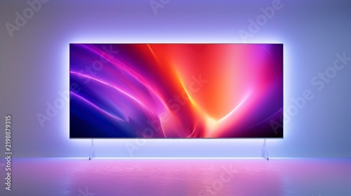 A photo of an LED TV on a white wall with neon lights.